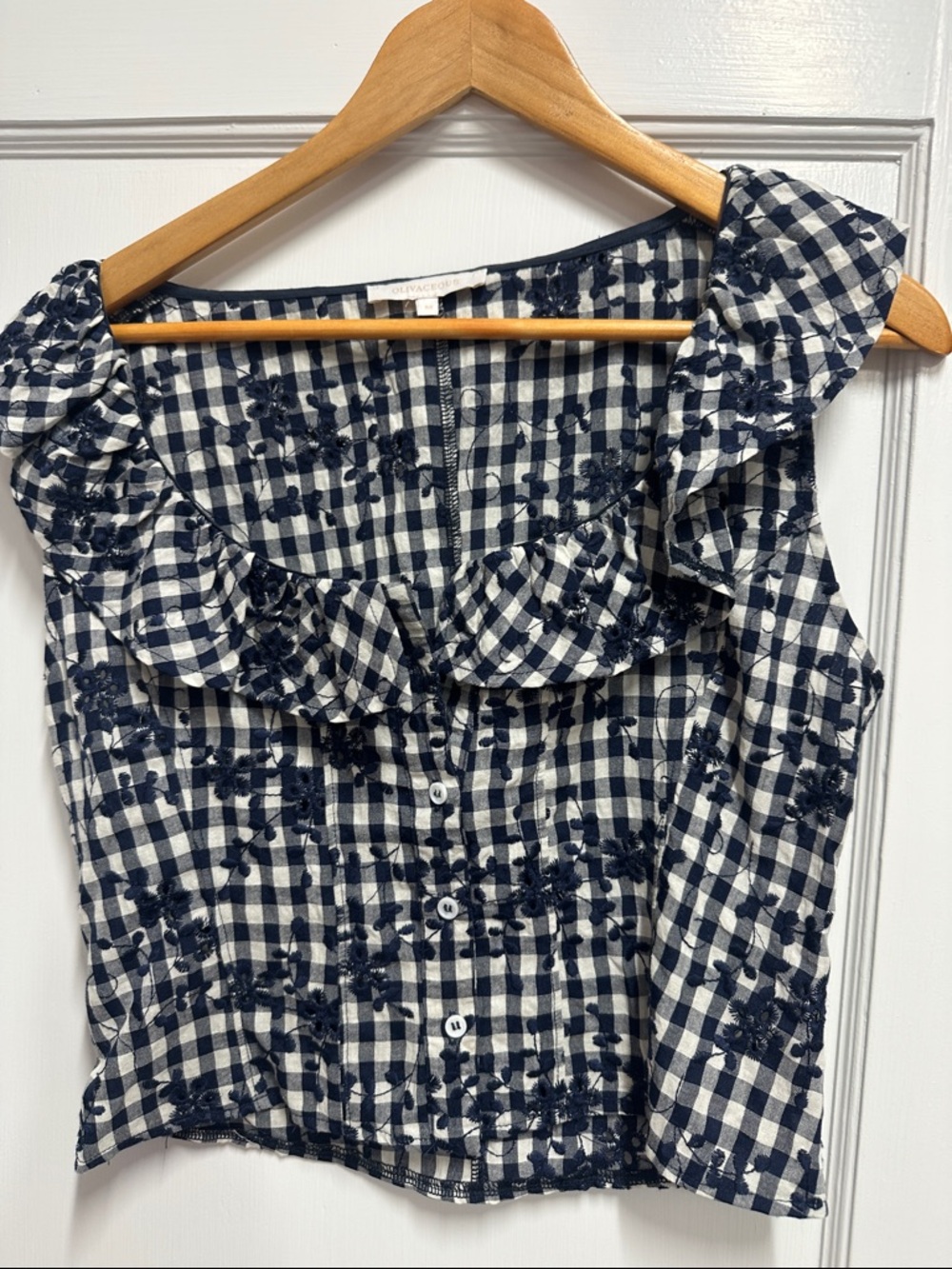 Olivaceous Navy & White Gingham Ruffle Button-Front Camisole